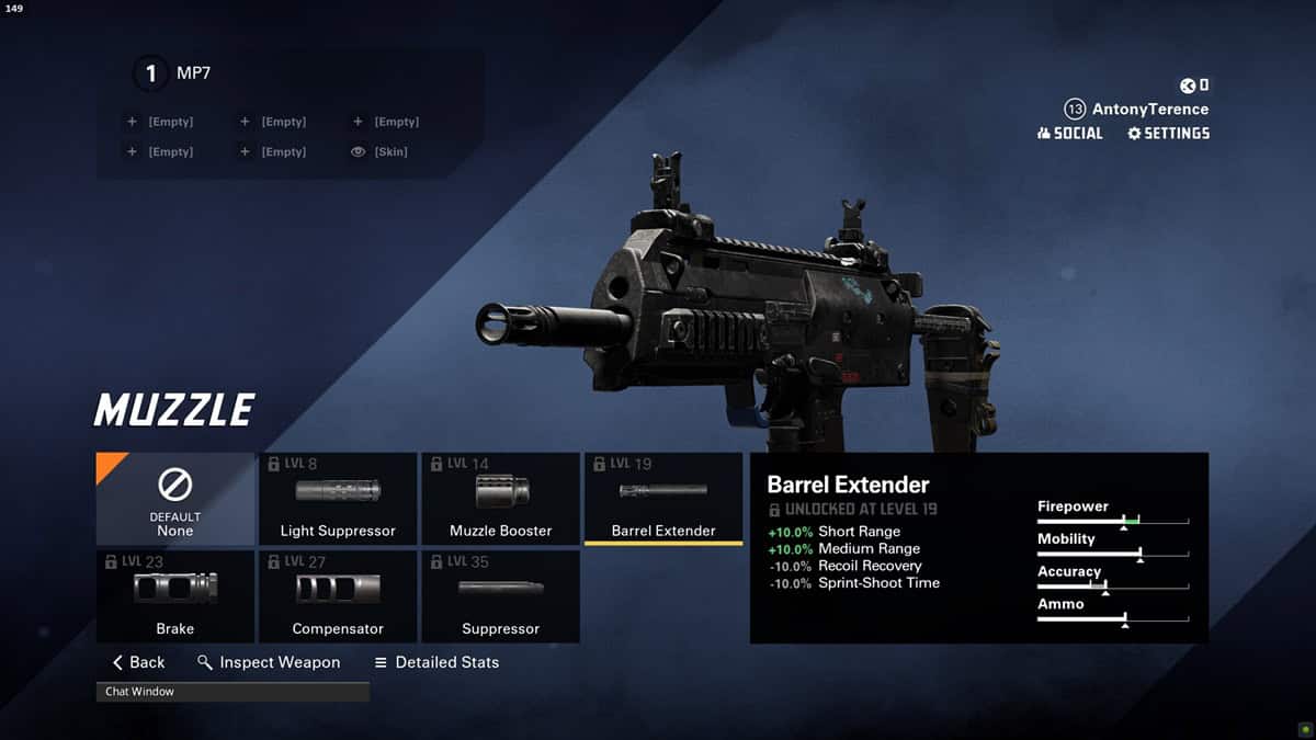 A player checks out the barrel extender attachment for the MP7 SMG.