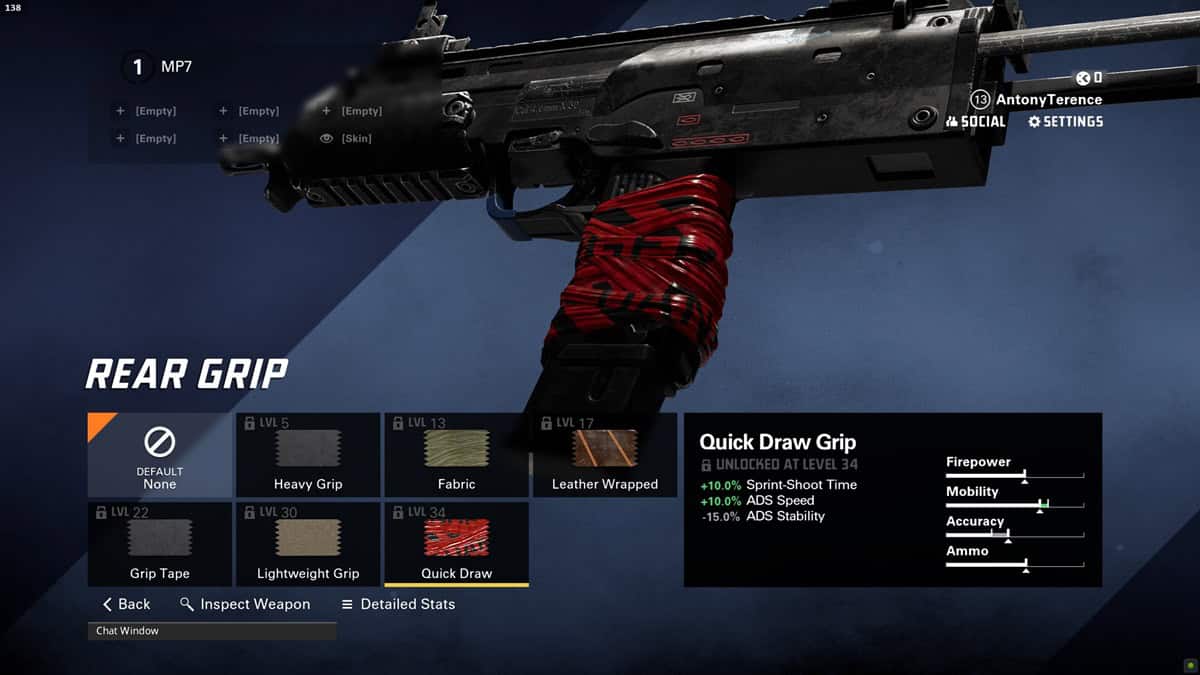 A player checks the Quick Draw rear grip attachment for the MP7 SMG.