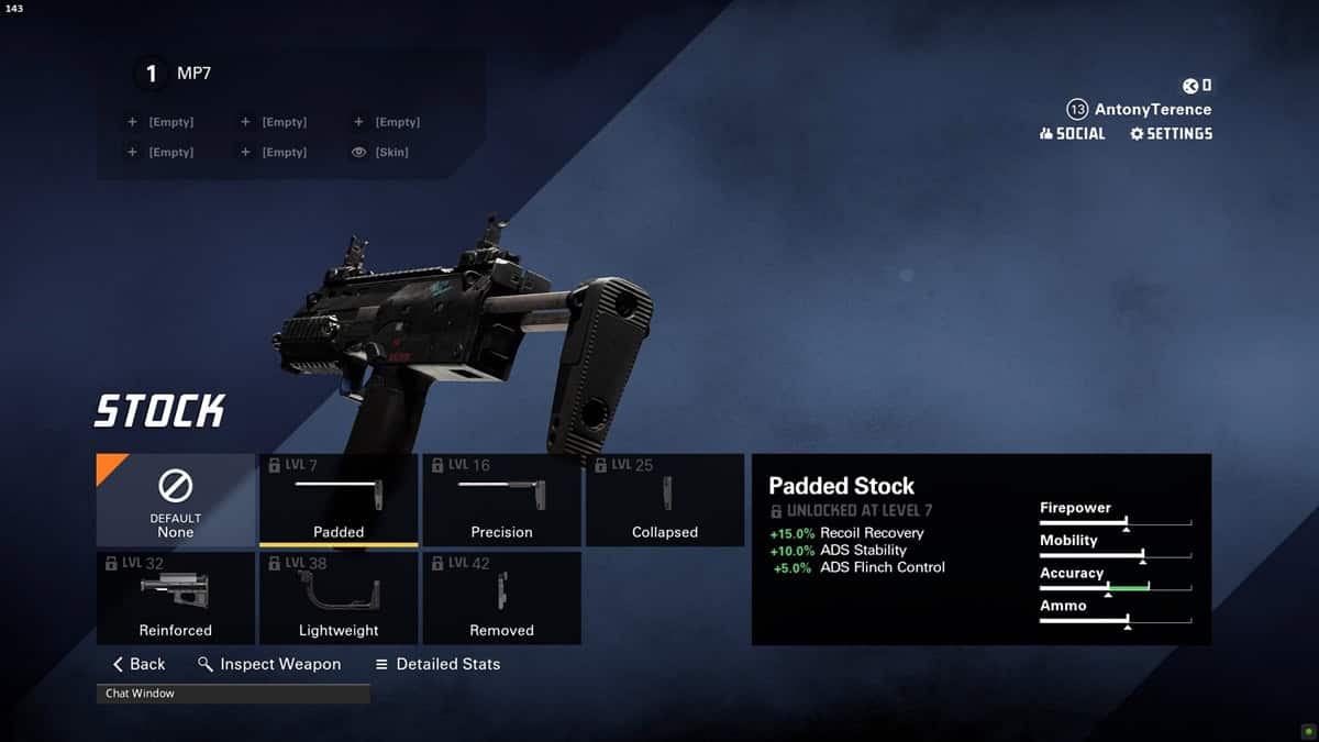 A player checks out the Padded stock attachment for the MP7 SMG.