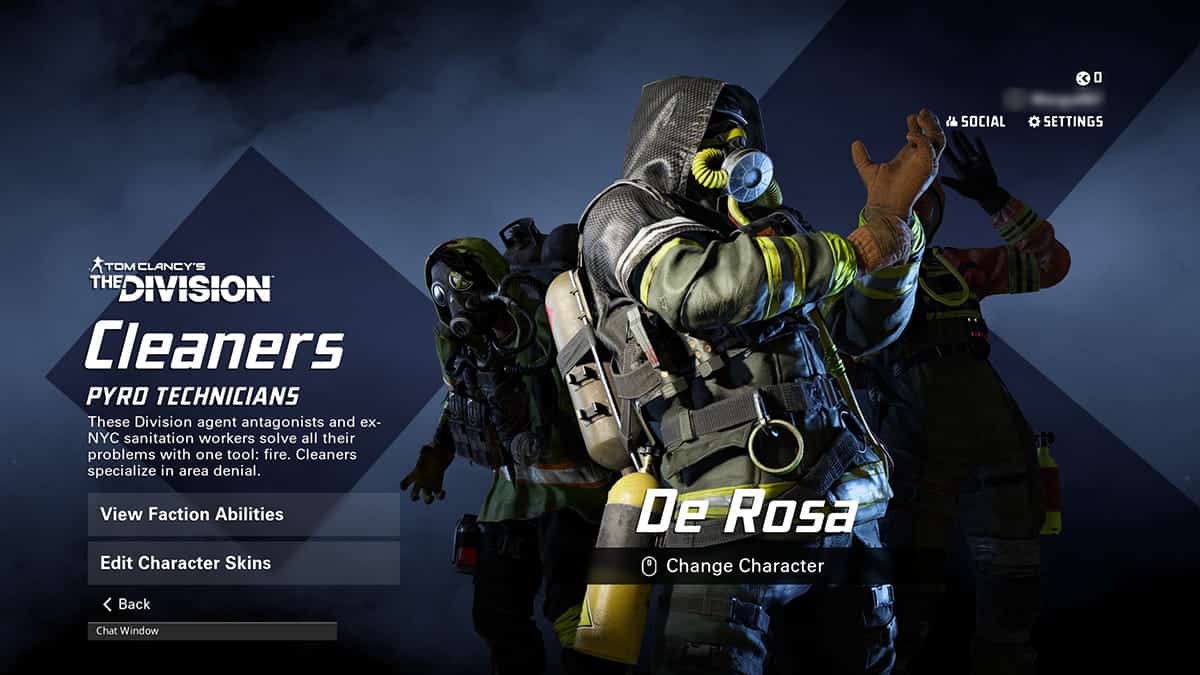 A game character selection screen from XDefiant. The selected character, De Rosa, is a Cleaners Pyro Technician in a hazmat suit and gas mask, with menu options on the left side.