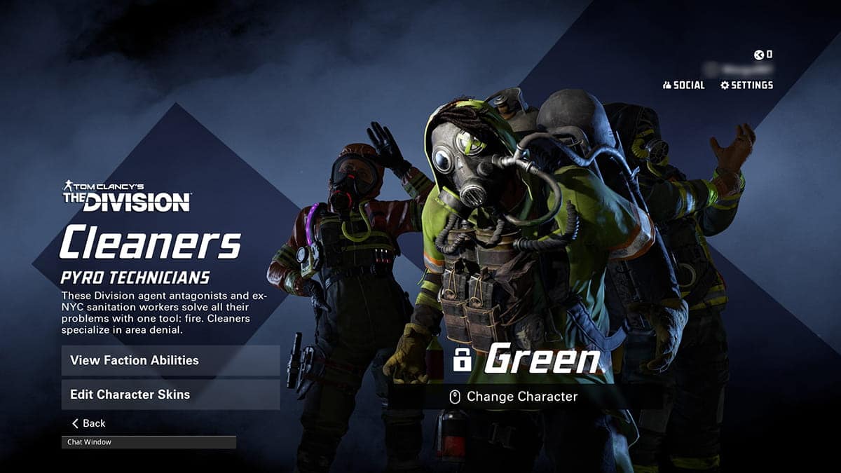 The game menu screen from XDefiant features the Cleaners faction selection. The highlighted character is Green, a Pyro Technician.