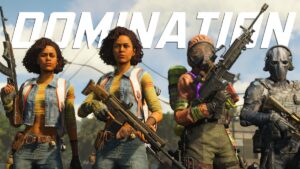 A team stands together before a match, picking their loadout and faction.