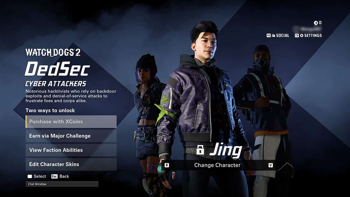 A video game character selection screen forXDefiant showcases Jing, a member of DedSec. Options include purchasing with XCoins, earning via Major Challenge, viewing abilities, and editing skins.