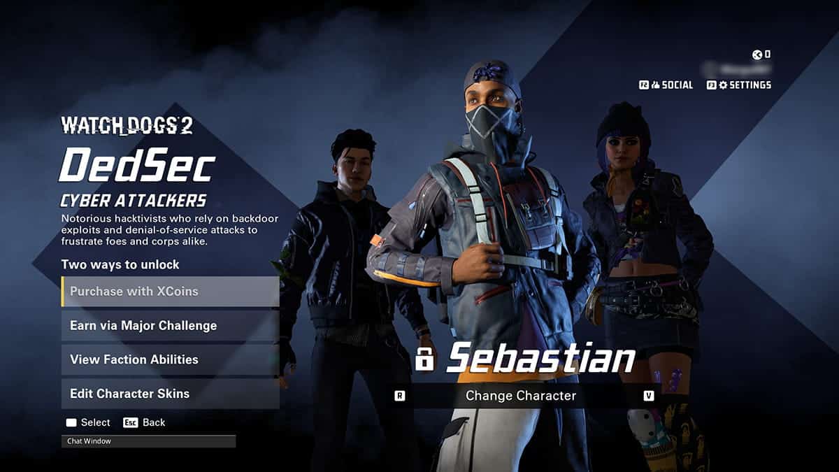 Character slection in XDefiant, featuring character Sebastian from DedSec faction.