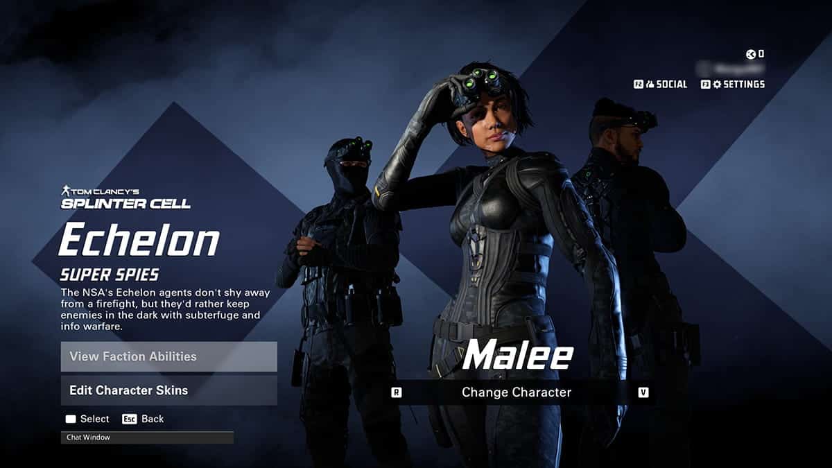 Three characters from XDefiant are shown, with the central figure, named 'Malee,' highlighted. The screen displays options for unlocking Faction characters and viewing faction abilities.