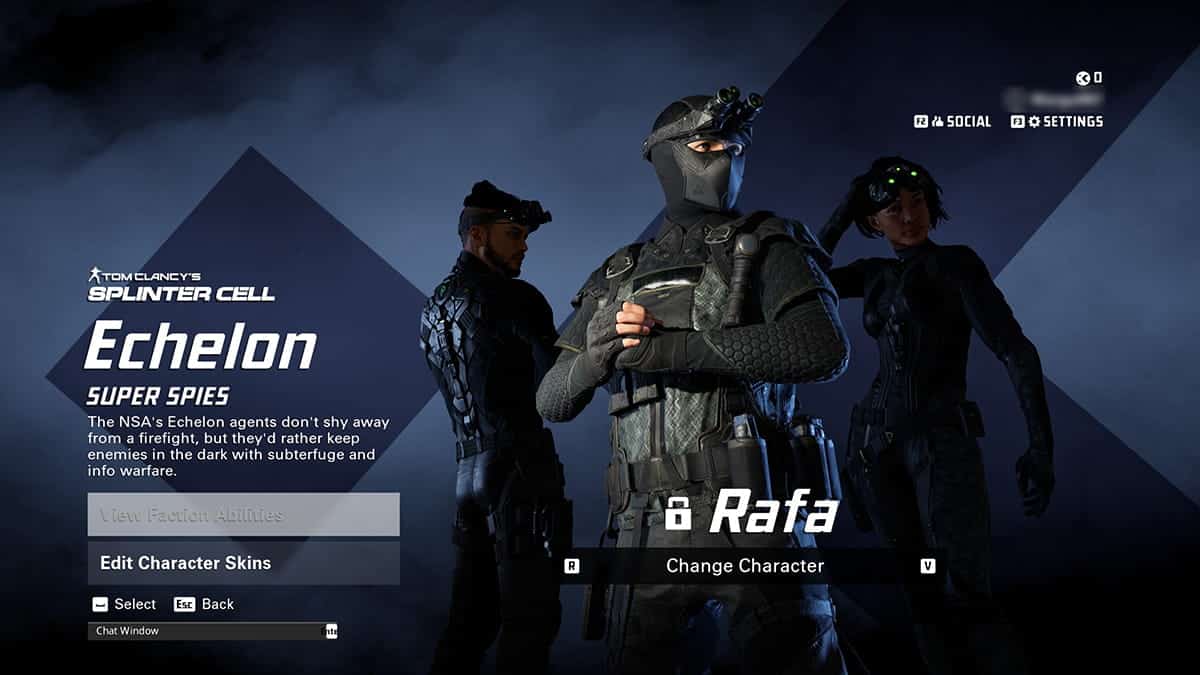 Thew screen shows character selection in XDefiant, featuring the character Rafa front and center.