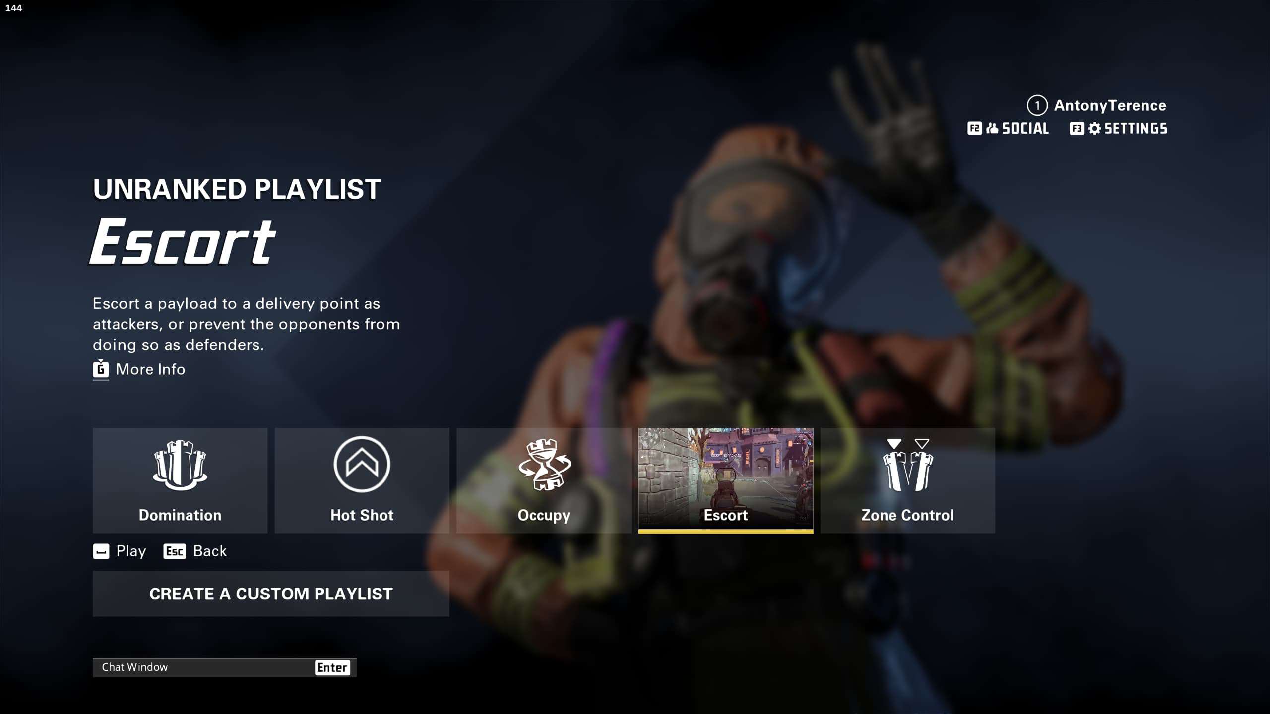 The video game screen showcases an unranked playlist featuring various XDefiant game modes, including Escort, Domination, Hot Shot, Occupy, and Zone Control. In the background is a character in a mask.
