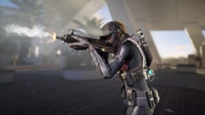 A player fires a weapon as a member of the Phantoms faction.