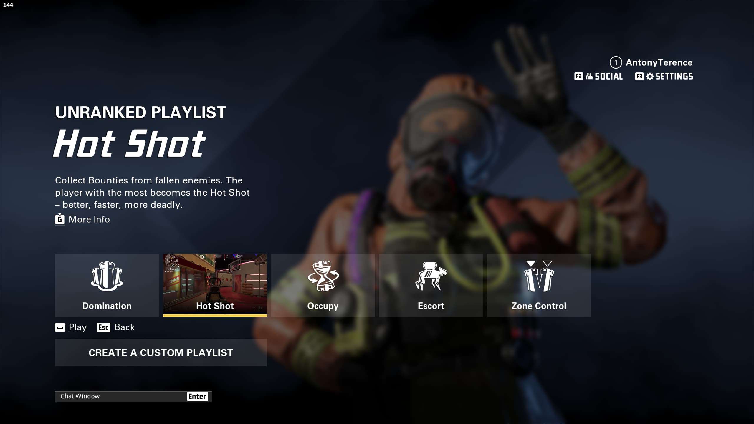 The XDefiant game menu features an unranked playlist called "Hot Shot" with game modes like Domination, Hot Shot, Occupy, Escort, and Zone Control. On the right, a character in a gas mask raises their hand.