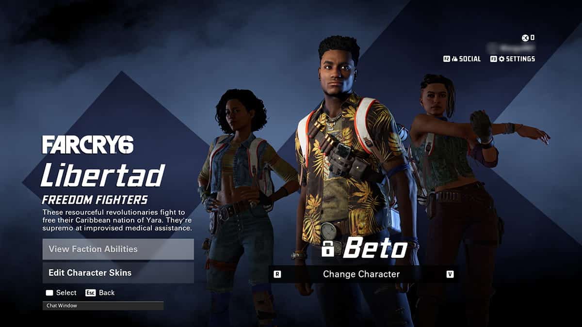 Screenshot of XDefiant video game character selection screen featuring three faction characters, highlighting Beto. Options to unlock faction abilities, edit character skins, and social settings are visible.