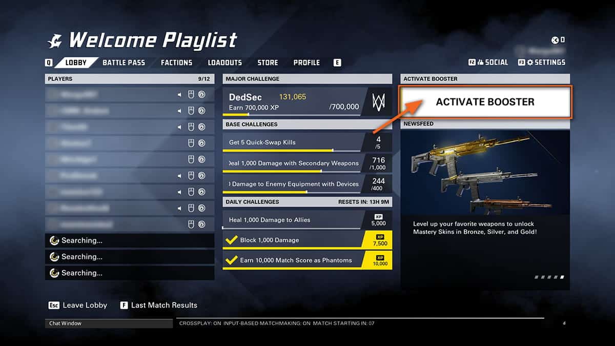 Game lobby screen displaying player progress, challenges, and weapon unlocks. 