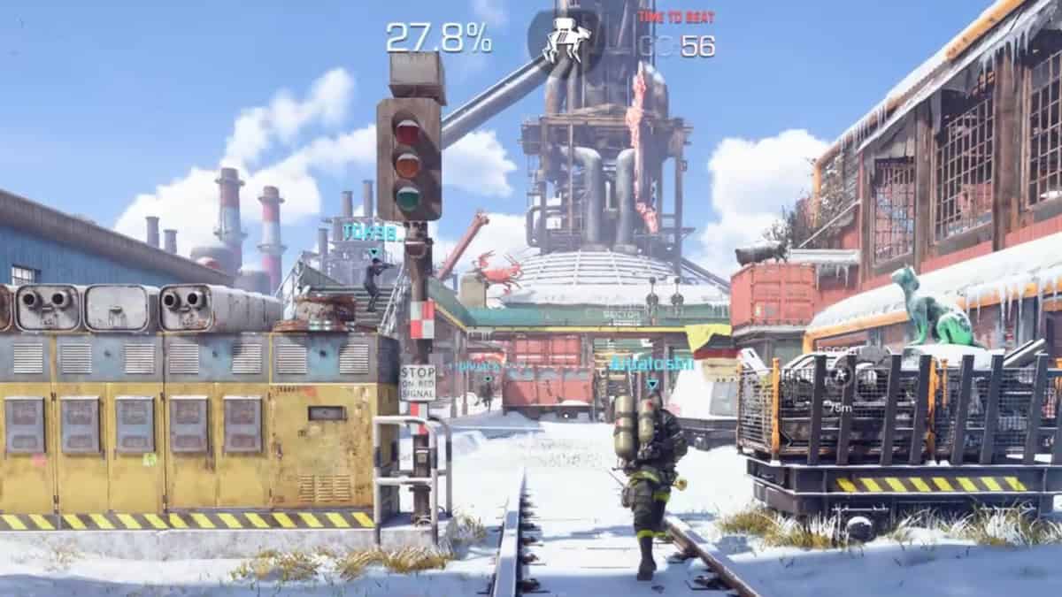 A video game scene on the XDefiant map Meltdown depicts an industrial area with snow-covered buildings, a character in armor walking on train tracks, and a scoreboard at the top showing "27.8%" and "0:56" time to beat.