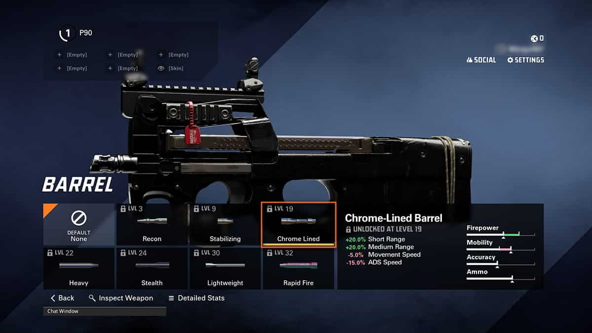 Image of a P90 SMG loadout in XDefiant's weapon customization menu. It displays various barrel options with stats, highlighting a 