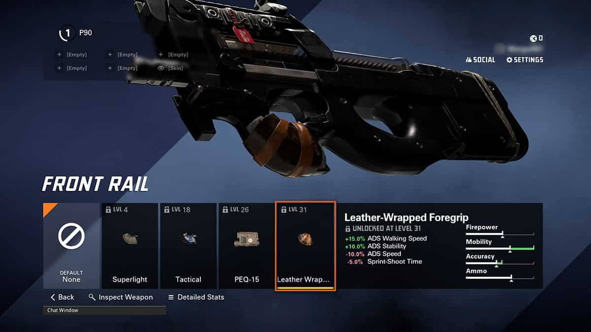 Video game interface showing a P90 SMG loadout with various attachments in XDefiant. The highlighted attachment is a 