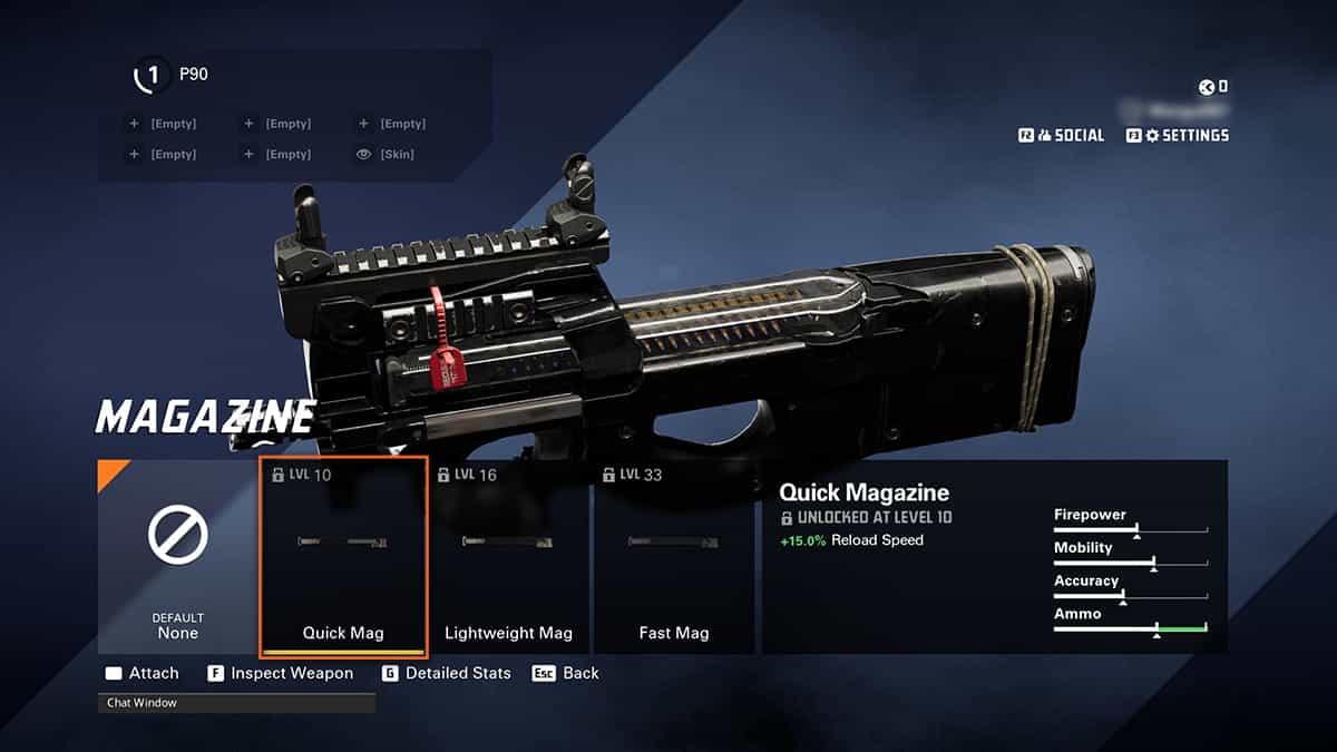 A screen displaying the best P90 SMG in XDefiant, showcasing magazine options including Quick Magazine, Lightweight Mag, and Fast Mag.