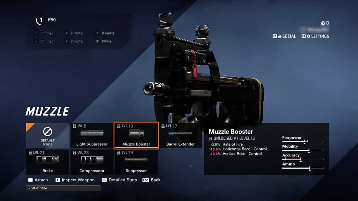 The game interface displays weapon customization options for your best P90 SMG loadout in XDefiant. The selected attachment is 