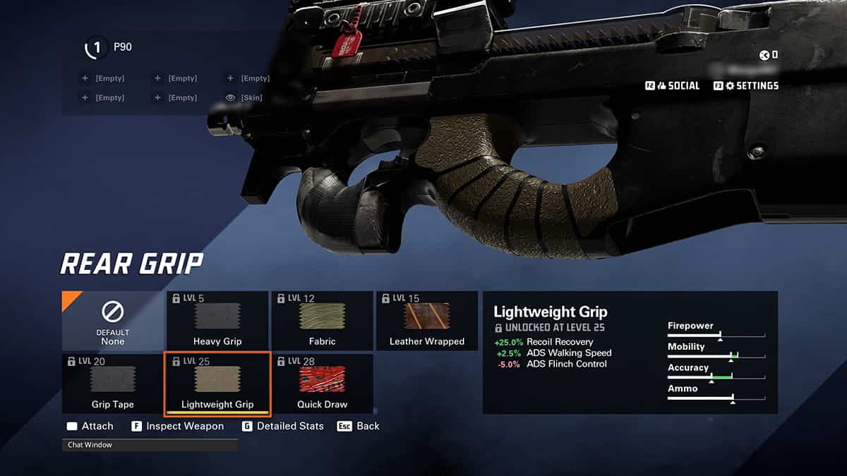 Image of the XDefiant video game interface showing a P90 SMG customization screen. The “Rear Grip” section offers options like Tape Grip, Leather Wrapped, and Lightweight Grip, detailing their impact on weapon stats for your loadout.