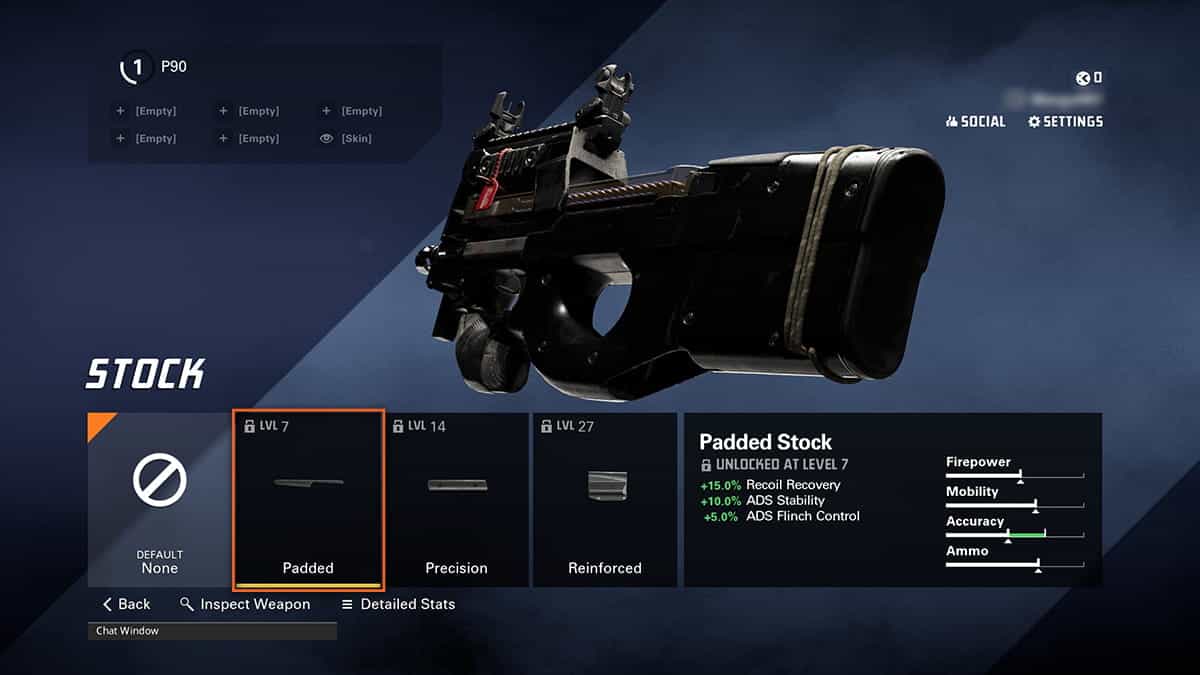 A video game screen showcasing the P90 SMG loadout customization menu in XDefiant. The Padded Stock attachment is selected, displaying its benefits and stats.
