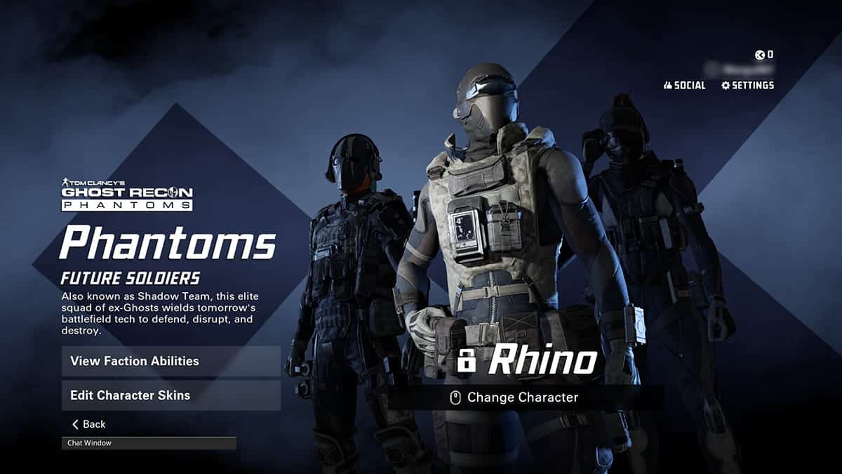 A video game character selection screen for XDefiant, displaying three faction characters with an option to change the selected character named 
