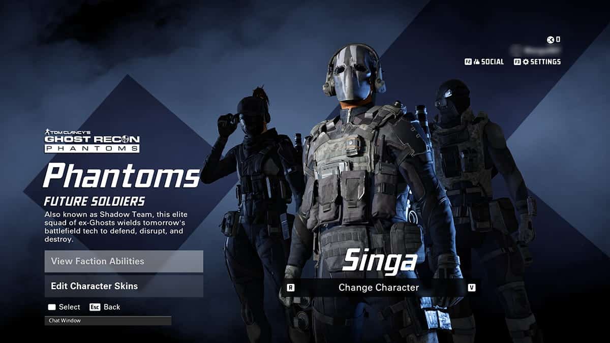 Video game selection screen for XDefiant. The screen displays Singa as the selected Phantoms character.