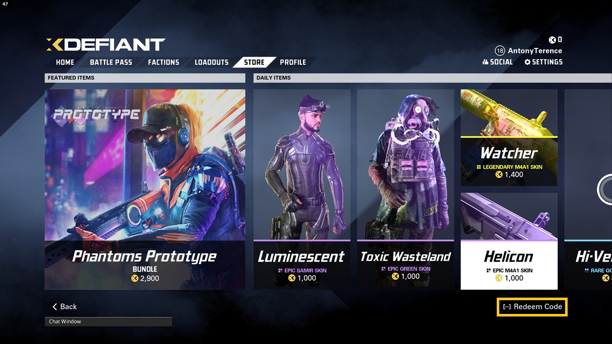 A player checks the store in XDefiant to redeem codes.