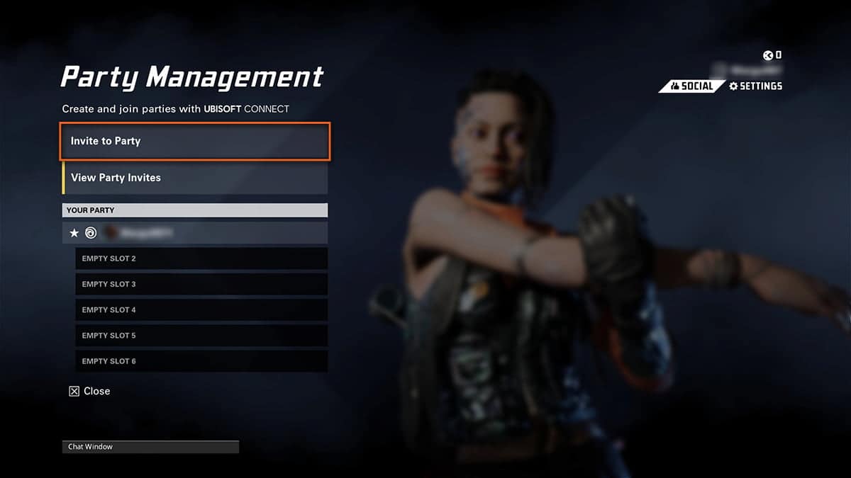 The Party Management screen from XDefiant displays options to invite friends and view party invites. The background is blurred with an image of a character.