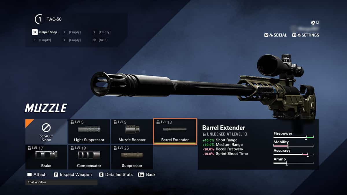 Screenshot of a weapon customization menu in XDefiant, showcasing the best TAC-50 sniper loadout. The Barrel Extender attachment is selected, detailing its impact on the weapon's stats.