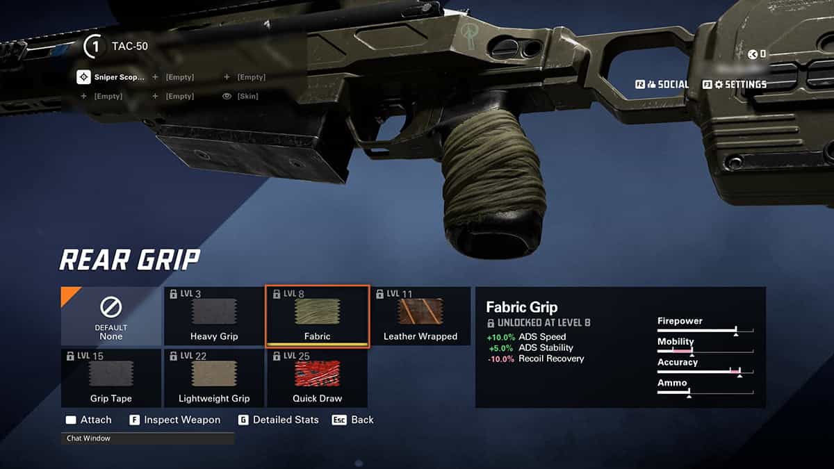 A video game customization screen in XDefiant shows the selection of a fabric rear grip for the TAC-50 sniper loadout. The selected grip offers changes to ADS speed, ADS stability, and recoil recovery, optimizing your best sniper loadout.