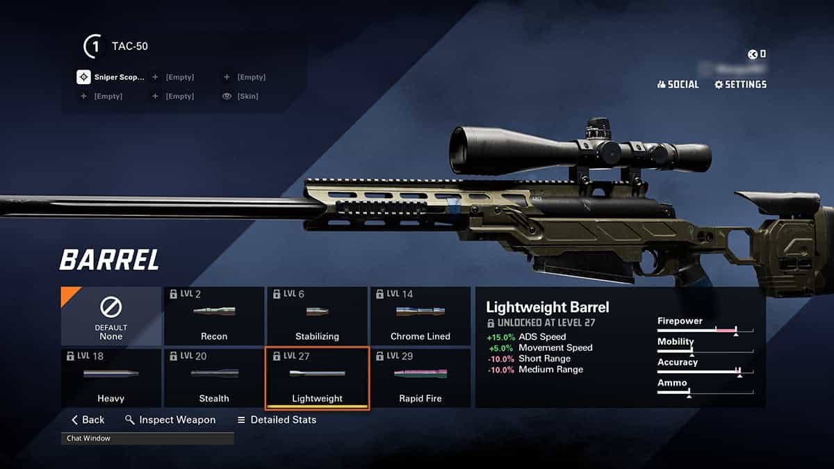 A video game loadout screen for the TAC-50 sniper rifle in XDefiant, showcasing a Lightweight Barrel with improved stats. The interface includes weapon levels, barrel options, and stats adjustments for firepower, mobility, and accuracy—perfecting the best sniper configuration.