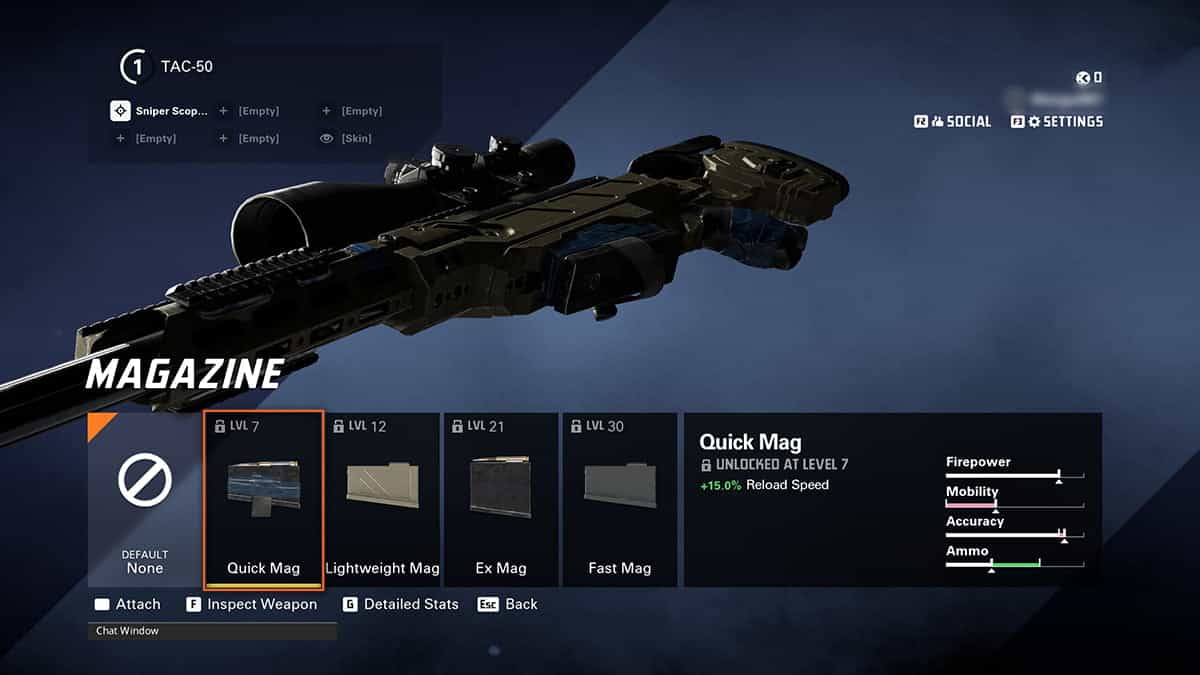 A game screen on XDefiant displays a sniper rifle customization menu. The 