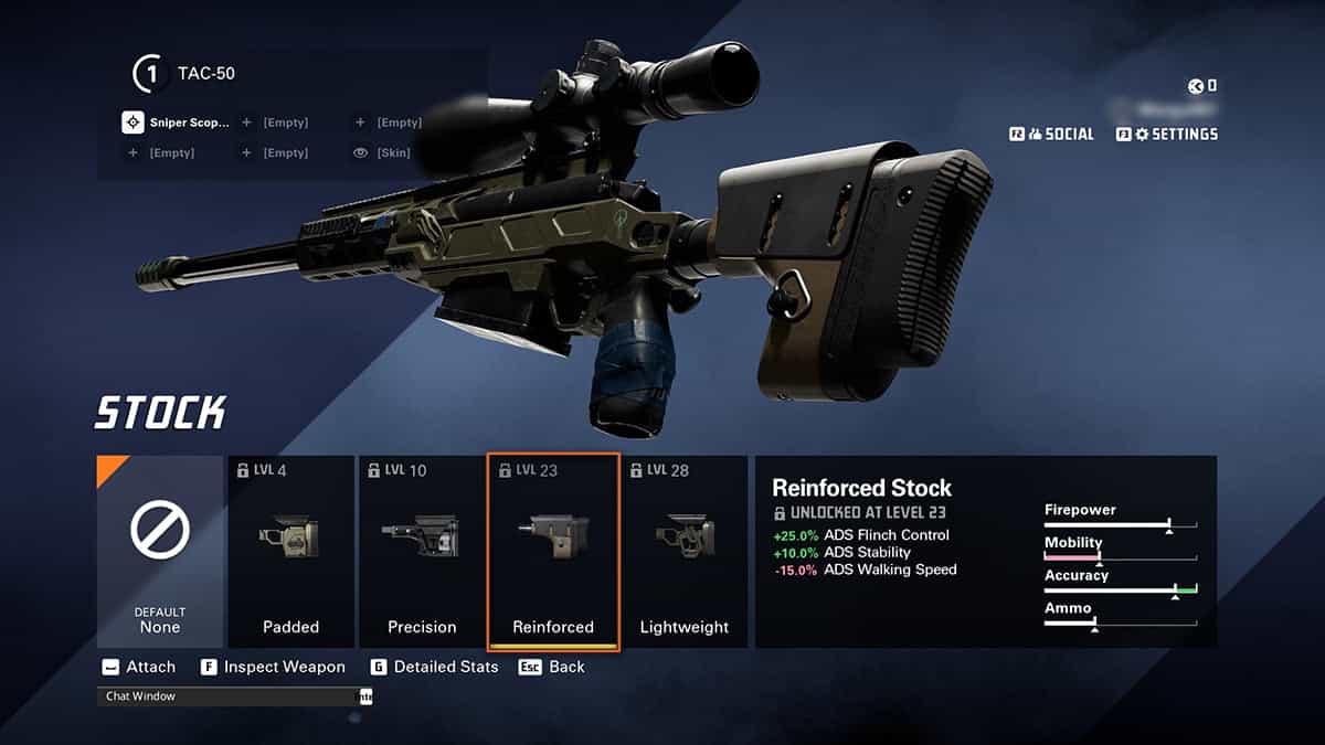 In the in-game XDefiant interface, the TAC-50 sniper loadout features a sniper rifle with a Reinforced Stock modification unlocked at Level 23. Stats encompass Firepower, Mobility, Accuracy, and Ammo. Options include inspecting and attaching.