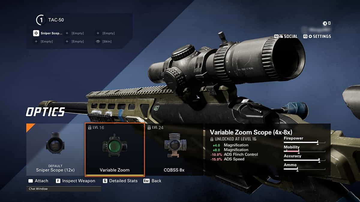 A screenshot from the game XDefiant showcases the TAC-50 sniper loadout customization menu. The highlighted option is a 
