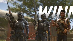 Three individuals are dressed in tactical gear and holding weapons, two in futuristic armor and one in casual attire. A large "WIN" is partially visible in the background, evoking XDefiant beginners eager to learn. Trees and a truck frame the scene.