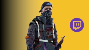 A DedSec character stands near a Twitch logo.
