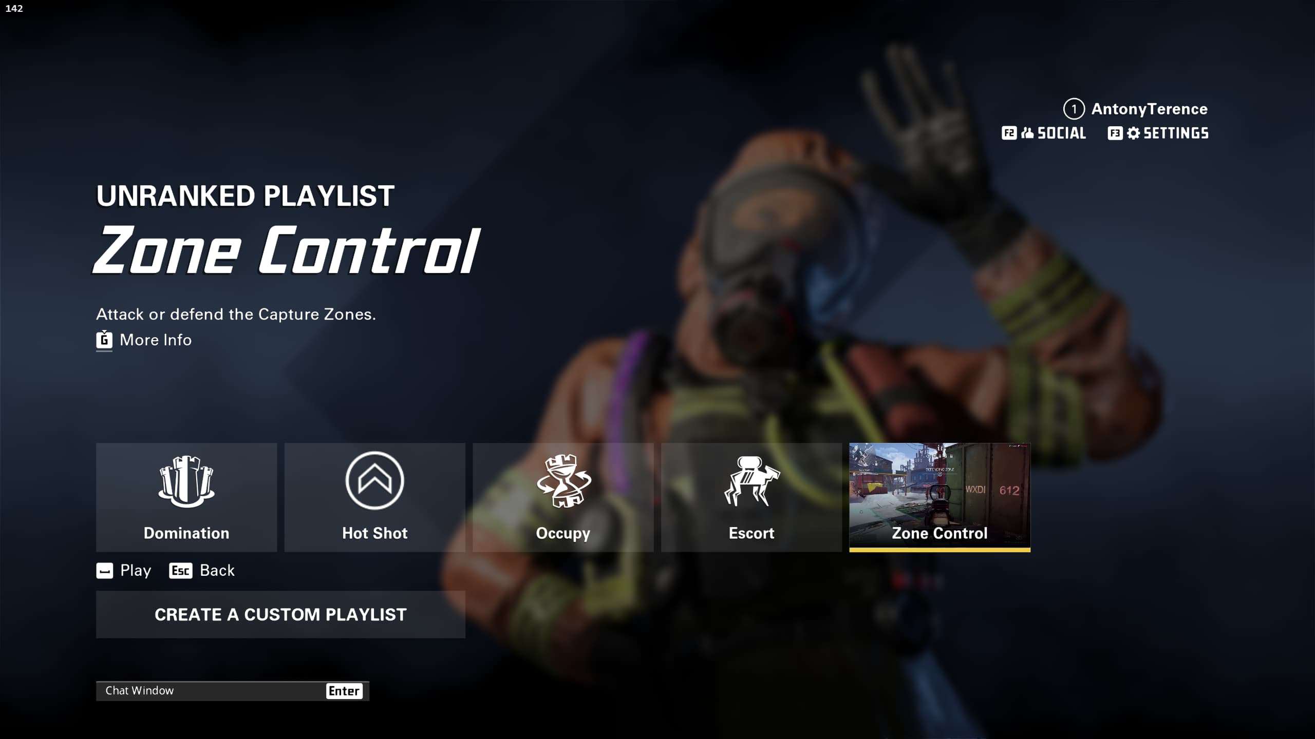 Video game menu screen for "Zone Control" mode in an unranked XDefiant playlist. Options include Domination, Hot Shot, Occupy, and Escort. 