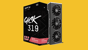 Nvidia rtx 399 graphics card on a yellow background.