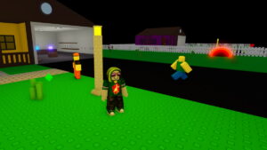 Roblox Character in Yard Sale with two neighbours in the background.