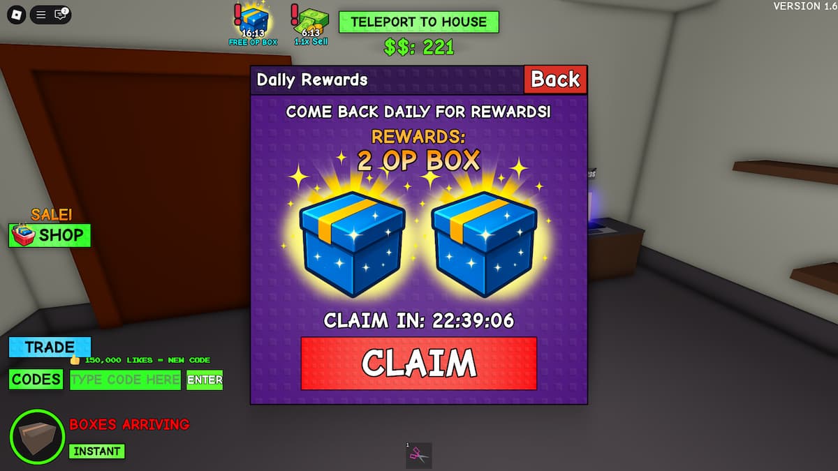 The Daily Rewards window in Yard Sale, showing to OP Boxes.
