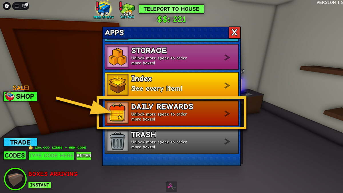 The Apps menu in Yard Sale, with a yellow arrow pointing to the Daily Rewards button.