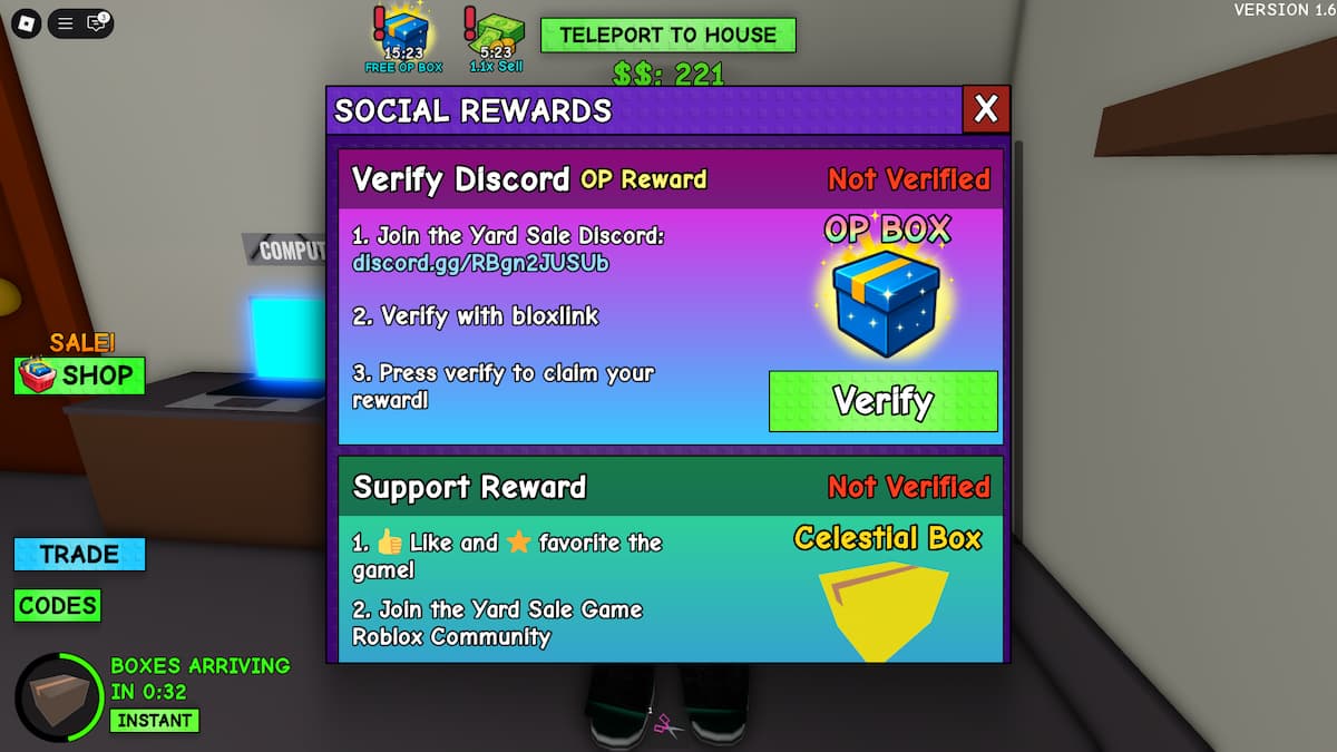 The Social Rewards window in Yard Sale, showing and Op Box and a Celestial box, along with instruction how to get them.