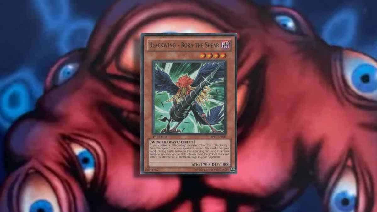A "blackwing - bora the spear" Yu-Gi-Oh! card superimposed over an artistic background featuring multiple swirling eyes, a staple in some of the best Yu-Gi-