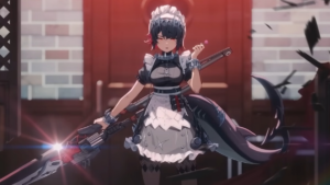 Zenless Zone Zero Twitch Drops: A girl in a maid outfit wielding a large sword in a cafe with a red door behind her.