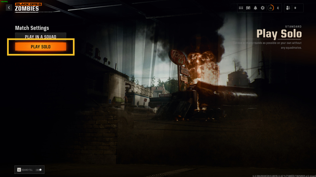 How to play Zombies solo in Black Ops 6: Zombies pre-match menu.